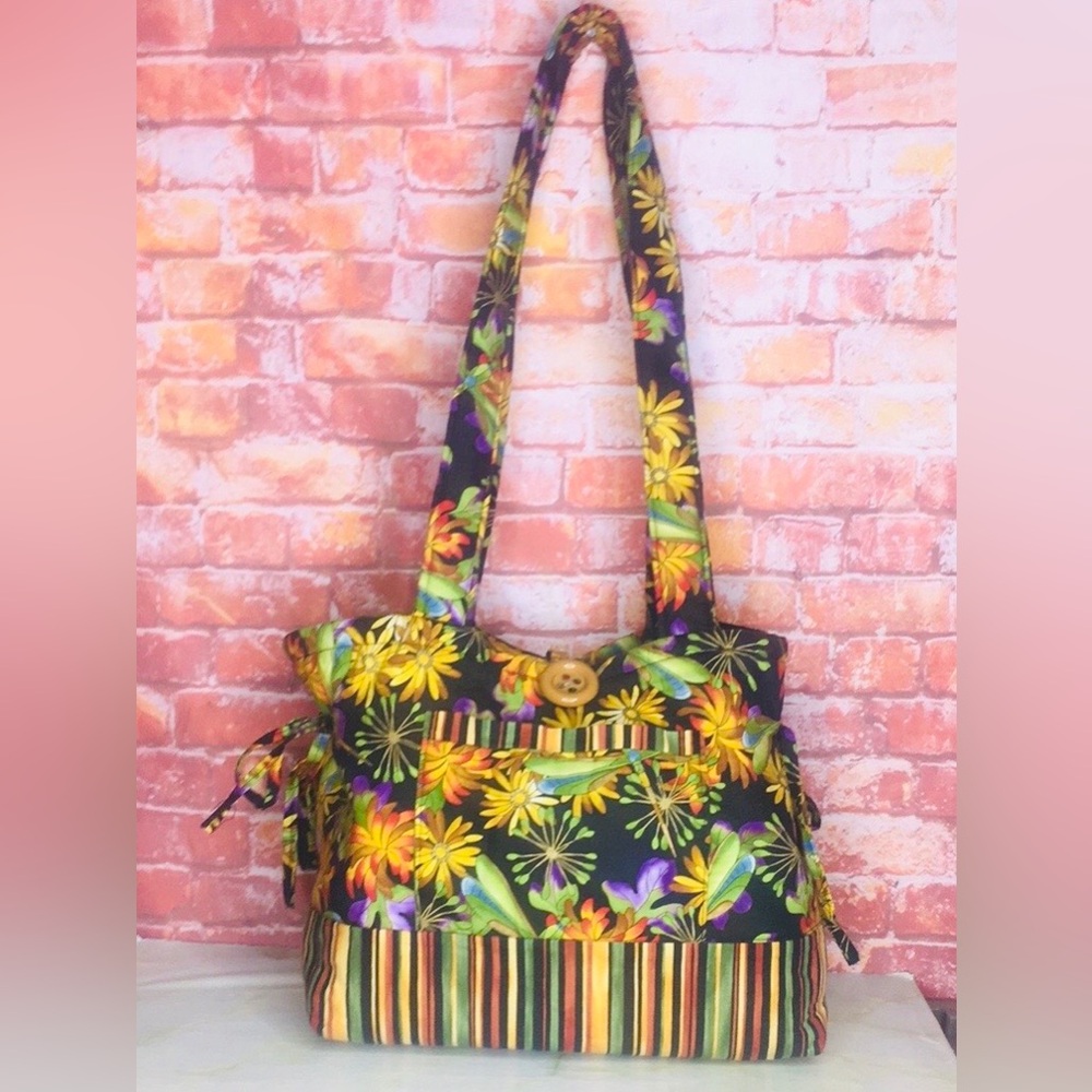 Colorful Handmade Floral and Dragonfly Soft Tote Bag